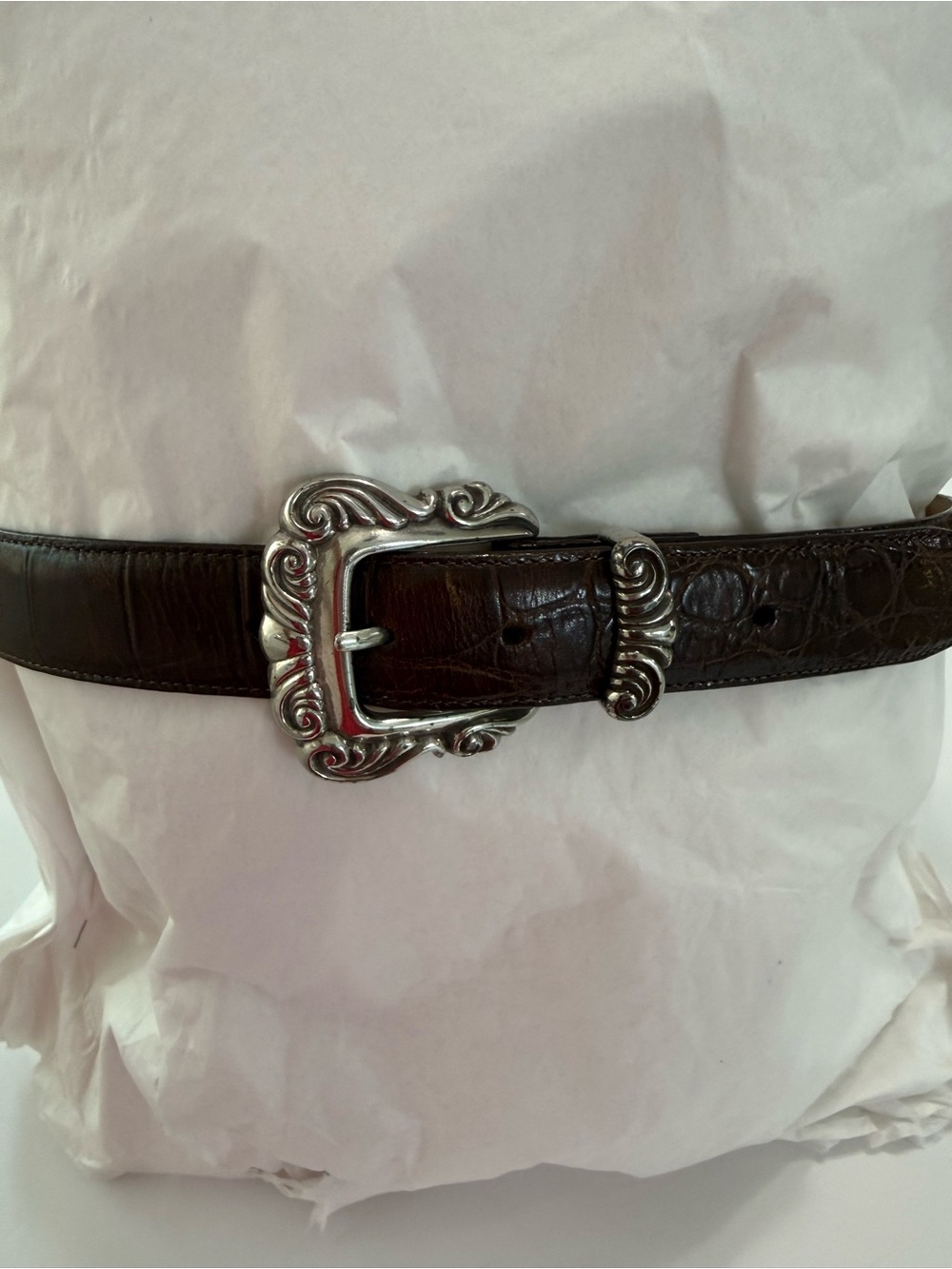 Brighton Dark Brown Croc-Embossed Leather Belt with Ornate Silver Buckle